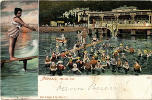 1905 Abbazia, Opatija; Slatina Bad / beach, lady in swimming dress. G. Rüger & Co. 8217. / Hátoldalon, Kallós Bertalan államtitkárnak, a Martinovics szabadkőműves páholy egykori nagymesterének címezve (Rb)