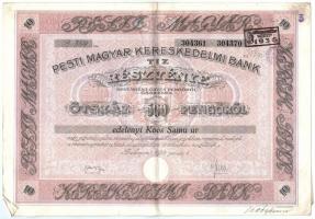 Budapest 1928. Pesti Magyar Kereskedelmi Bank tíz részvénye egyben, összesen 500P-ről, névre szóló, szelvényekkel, szárazpecséttel, bélyegzésekkel T:II-