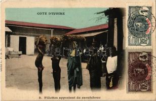 Cote dIvoire, Fillettes apportant du caoutchouc / girls bringing rubber (EK)
