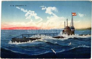 1915 SM U-3 (U-III) Germania-típusú Osztrák-Magyar Haditengerészeti tengeralattjáró, matrózokkal a fedélzeten / SM Unterseeboot III K.u.K. Kriegsmarine (U-Boot) / WWI Austro-Hungarian Navy Germania class submarine, mariners, naval flag, U-boat. G. Costalunga, Pola 1914/15. Druck von M. Schulz + K.U.K. KRIEGSMARINE SMS BABENBERG (EK)