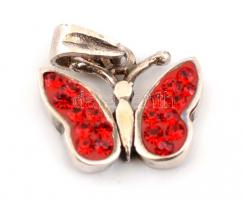 Ezüst(Ag) piros strasszokkal kirakott pillangó medál, jelzett, 1,5×2 cm, bruttó: 2 g