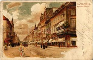1899 Karlsruhe, Kaiserstrasse / street, shops, tram. Künstlerpostkarte Joh. Elchlepp litho s: C. Münch (EK)
