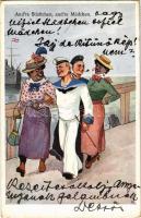 1914 Andre Städtchen, andre Mädchen. K.u.K. Kriegsmarine Matrose / WWI Austro-Hungarian Navy, SMS Tegetthoff mariners with ladies in foreign land, marine humour art postcard. B.K.W.I. 529-4. s: Fr. Schönpflug
