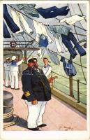 K.u.K. Kriegsmarine Matrose / WWI Austro-Hungarian Navy, marine humour art postcard, drying of the clothes, captain. B.K.W.I. 529-5. s: Fr. Schönpflug