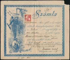 1922 Bp., Díszes kéményseprő számla okmánybélyeggel, sarokhiánnyal