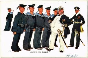 Sturm im Anzug! K.u.K. Kriegsmarine Matrose / WWI Austro-Hungarian Navy, marine humour art postcard, naval officers, mariners. B.K.W.I. 441-11. s: Fr. Schönpflug