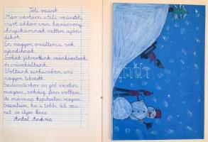 1984-1986 Jókai Mór-raj, úttörő napló, beragasztott képeslapokkal, nyomtatványokkal, rajzokkal, beje...