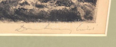 Olvashatatlan jelzéssel: Betakarítás. Rézkarc, papír. Jelzett. 8,5x13,5 cm Üvegezett keretben