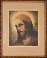 Paulovits Pál (1892-1975): Jézus. Színezett rézkarc, papír, jelzett, 26x31 cm Üvegezett keretben