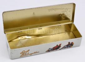 Szofi fém doboz, horpadt, kopásokkal, 30×10×5,5 cm