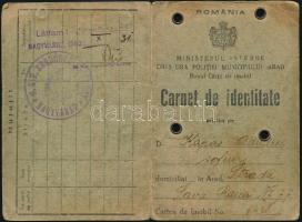 1940 Fényképes román személyazonossági igazolvány, aradi születésű személy részére, m. kir. rendőrsé...