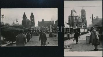 cca 1950-1960 Bp., Lehel-téri piac, háttérben az Árpád-házi Szent Margit templommal, 2 db fotó, 9x6 cm