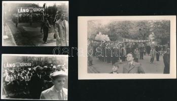 cca 1950 Láng Gépgyár május 1. felvonulása, 3 db fotó, 9x14 cm és 9x6 cm közötti méretben
