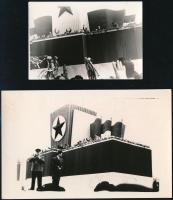 cca 1955 10 éves felszabadulási ünnepség, 2 db fotó a tribünről, rajta az integető Kádár, Dobi, Marosán..stb, 9x14 cm és 6x9 cm