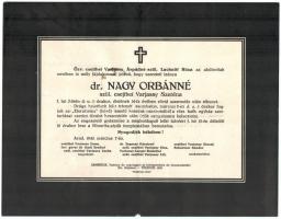 1940 Arad, dr. Nagy Orbánné csejthei Varjassy Szeréna halálozási értesítője, a rokonság között a csejthei Varjassy család tagjaival.