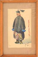 Orosz jelzéssel: Mongól népviseletes ember. Akvarell, papír. Jelzett. Üvegezett keretben. 23x14 cm