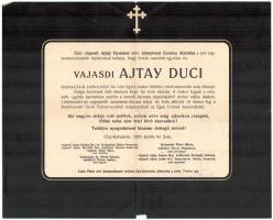 1930 Kolozsvár/Cluj, vajasdi Ajtay Duci, Özv. vajasdi Ajtay Gyuláné kisnyiresi Hosszu Mariska egyetlen fiának halálozási értesítője, kis szakadással.