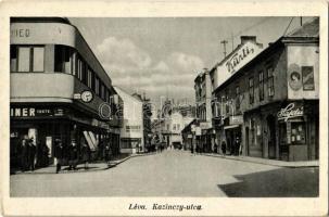 1939 Léva, Levice; Kazinczy utca, Kürti, Hajdú, Bartos, Hatscher és Deutsch üzlete / street, shops. Foto Hajdú