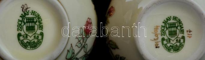 Zsolnay virágmintás vázácska és kínáló. Kézzel festett, jelzett, hibátlan. 12 cm, 6 cm