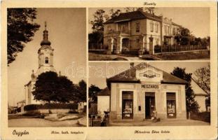 Osgyán, Ozdany; Római katolikus templom, kastély, Mészáros Géza üzlete és saját kiadása / Catholic church, castle, shop (kis szakadás / small tear)