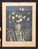 Burghardt Rezső (1884-1963): Virágcsendélet. Színes rézkarc, papír, jelzett, üvegezett, hibás keretben, 39x28 cm