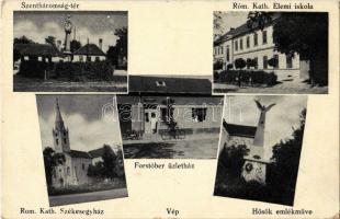 1943 Vép, Szentháromság tér, Római katolikus elemi iskola és székesegyház, Hősök szobra, emlékmű, Forstóber üzlete, kerékpár (EK)