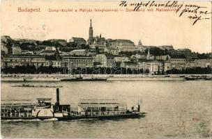 1909 Budapest I. Duna részlet a Mátyás templommal, VI. gőzhajó. Taussig A. 6753.