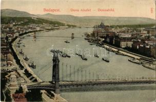 1909 Budapest, Erzsébet híd, Lánchíd, Döbrentei tér, Duna részlet gőzhajókkal. Taussig A. 9489.