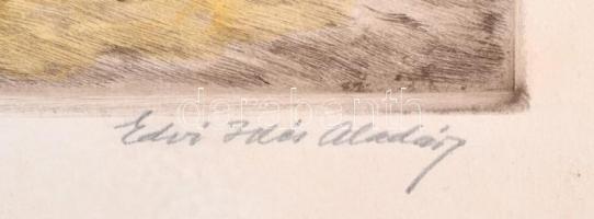 Edvi Illés Aladár (1870 - 1958): Delelő ökrök, színezett rézkarc, karton, jelzett, 19×30 cm