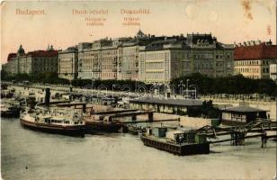 1908 Budapest V. Hotel Hungária szálloda, Bristol szálloda, Duna részlet, hajóállomás, gőzhajók, villamos. Taussig A. 9488. (fl)