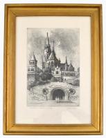 Vertel József (1922-1993): Budapest, Halászbástya. Rézkarc, papír, jelzett, üvegezett keretben, 24,5...