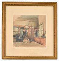 Keiss Károly (1883-1953): Vasaló hölgy. Akvarell, papír, jelzés nélkül. 18,5x17,5 cm. Üvegezett kere...