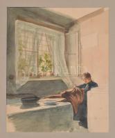 Keiss Károly (1883-1953): Varró hölgy. Akvarell, ceruza, papír, jelzés nélkül. 19,5x14,5 cm. Üvegezett keretben