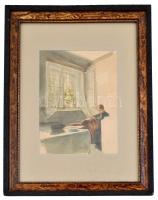 Keiss Károly (1883-1953): Varró hölgy. Akvarell, ceruza, papír, jelzés nélkül. 19,5x14,5 cm. Üvegeze...