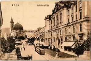 1922 Pécs, Széchenyi tér, villamos, drogéria, Lang H. fia üzlete. Nagy és Vörösvatzky kiadása