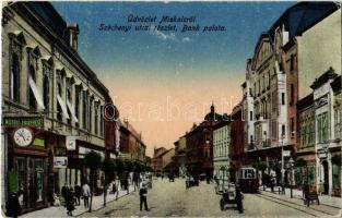 Miskolc, Széchenyi utca, Bank palota, villamos, üzletek. Grünwald Ignác kiadása (EK)