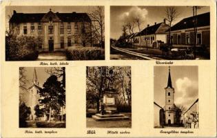 1939 Bük, Római katolikus iskola és templom, utca, szekér, Evangélikus templom, Hősök szobra, emlékmű (EK)