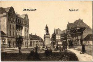 Debrecen, Egyház tér, Református főgimnázium, villamos, üzletek. Lindenfeld és Schwartz kiadása