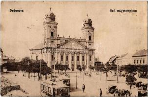 1918 Debrecen, Református nagytemplom, villamosok. Vasúti Levelezőlapárusítás 2920. (kis szakadás / small tear)