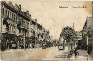 1915 Debrecen, Ferenc József út, villamos, üzletek (fl)