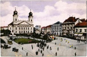 1928 Debrecen, Református nagytemplom, Ferenc József úti részlet, villamos, üzletek (vágott / cut)