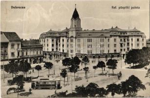 1913 Debrecen, Református püspöki palota, villamos, Bernfeld Sámuel, Komlóssy Lajos üzlete, Gyógyszertár (Rb)