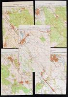 cca 1988-89 Kisbér, Mór, Oroszlány, Zsámbék, Bicske 5 db topográfiai térkép, Magyar Néphadsereg vezérkara felirattal és bélyegzővel, 1:50000, ca. 46,5x46,5 cm