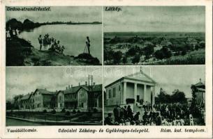 1935 Gyékényes, Üdvözlet Zákány és Gyékényes telepről! Vasútállomás (Gyékényes), Római katolikus templom (Zákány), látkép, Dráva strand, fürdőzők, fényképész fényképezőgéppel a parton