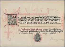 cca 1914-18 I. világháború Könyvet a harctérre mozgalom kitöltetlen díszes, címeres oklevél, Herczeg Ferenc (1863-1954) nyomtatott aláírásával, hajtásnyomokkal