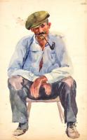 Ducsay Béla(1893-1967): Pipázó férfi. Akvarell, papír, jelzett, hagyatéki bélyegzővel, 48×32 cm