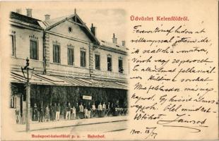 1900 Budapest XI. Kelenföld vasútállomás, vasutasok, Siófok tábla (EK)