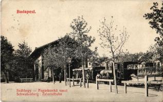 1908 Budapest XII. Svábhegy, fogaskerekű vasútállomás, gőzmozdony, vasutasok. Schwarz J. kiadása / Schwabenberg Zahnradbahn (EK)