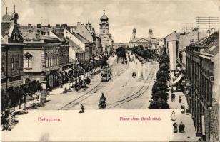 1907 Debrecen, Piac utca (felső rész) a Debreczeni Helyi Vasút Rt. (DHV) kisvasútjával, városi vasút, kávéház, üzletek. Bettelheim M. és Társa kiadása + MISKOLCZ - PÜSPÖKLADÁNY 12. SZ. vasúti mozgóposta bélyegző (EK)