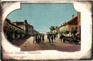 1906 Békéscsaba, Vasút utca, üzletek, szekér. A. Schwidernoch. Dohánynagytőzsde kiadása No. 6552.